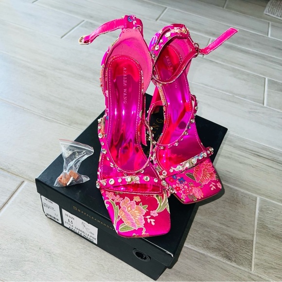 Azalea Wang Heels Hot Pink Brocade Embellished Embroidered Stiletto Heels 8.5 - Picture 7 of 11